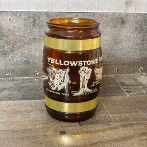 VINTAGE AMBER GLASS MUG SIESTA WARE YELLOWSTONE NATIONAL PARK WOODEN HANDLE